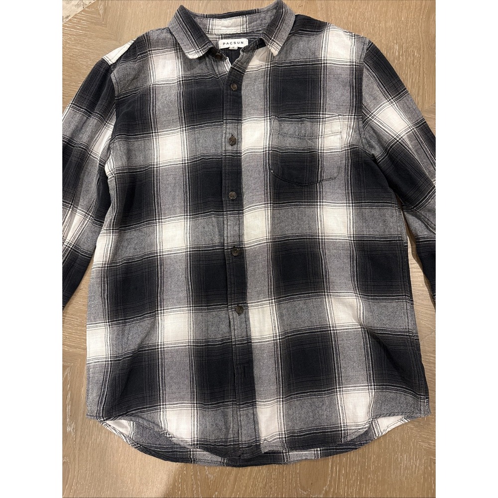 Pacsun Flannel Long Sleeve Mens Medium Cream/ Black Button Up Size Medium